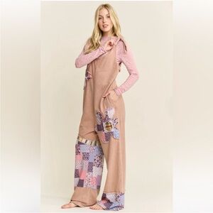 Dusty Rose Patchwork Detail Wide-Leg Jumpsuit